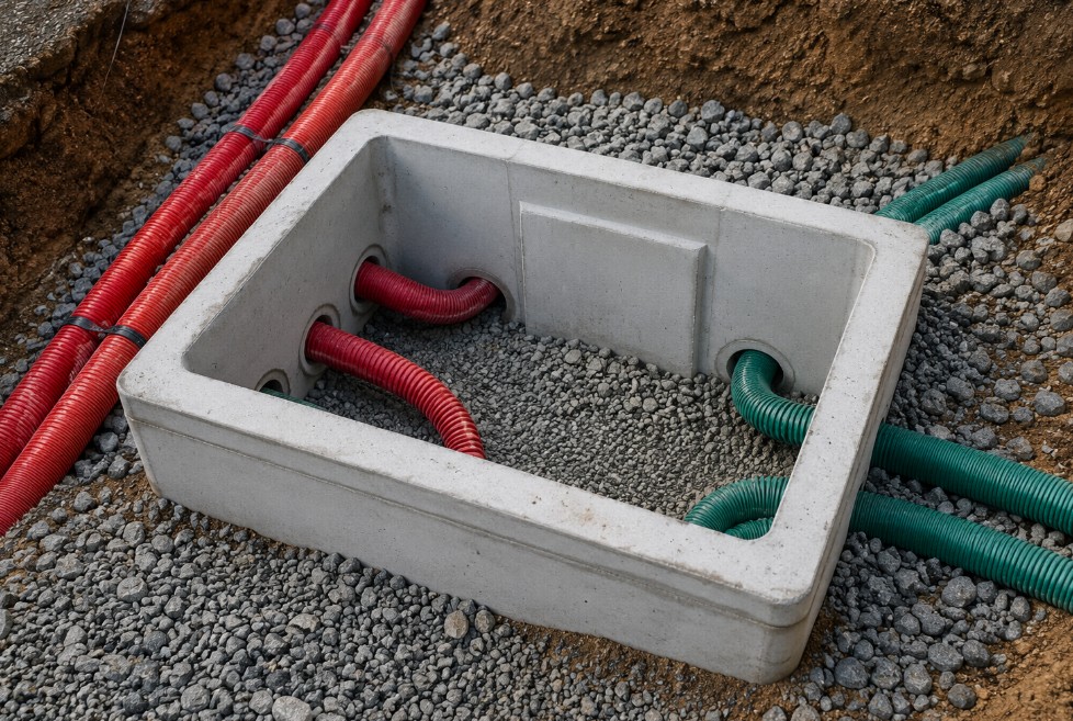 Chambre de tirage électrique enterrée avec gaines pour réseaux secs